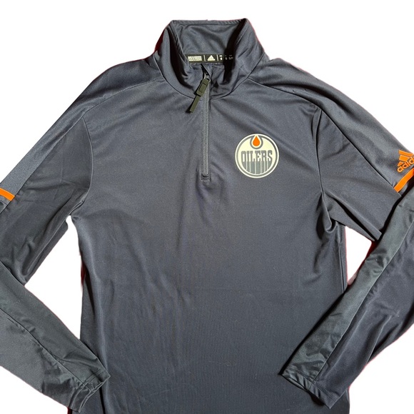 ADIDAS / EDMONTON OILERS / NHL NAVY BLUE QUARTER ZIP PULLOVER SIZE SMALL - Picture 4 of 12